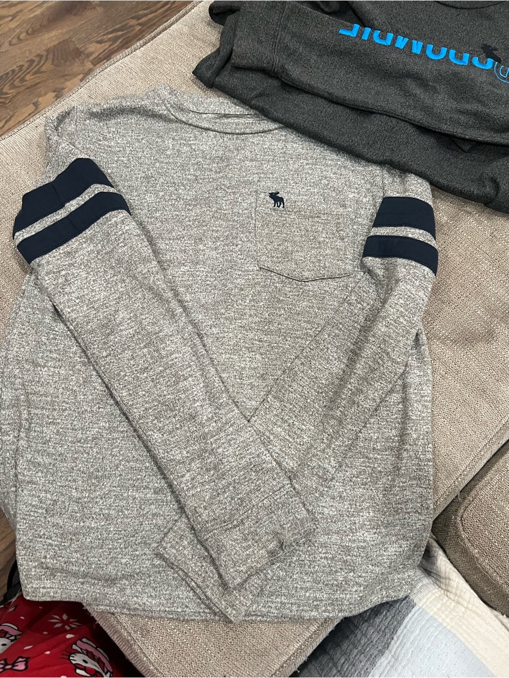2 kids Gray Crewneck tops with Navy Sleeve Stripes